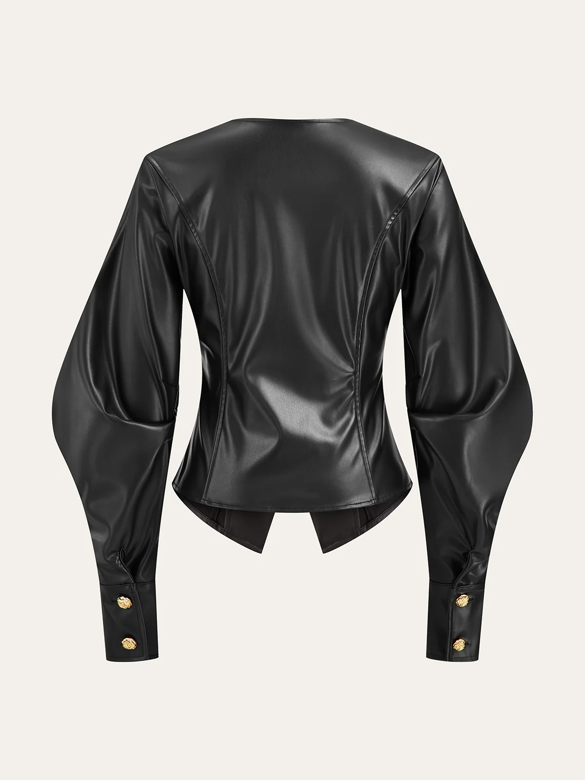 Metal Button Puffed Sleeve PU Leather Jacket - Wholesalesil