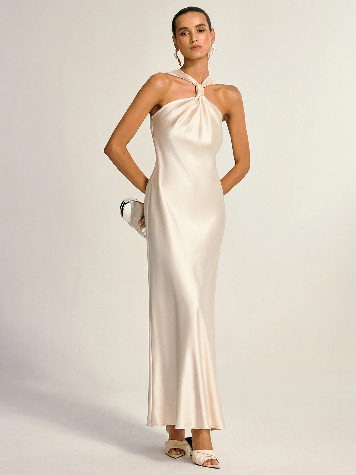 Satin Halter Neck Slit Back Maxi Dress - Wholesalesil