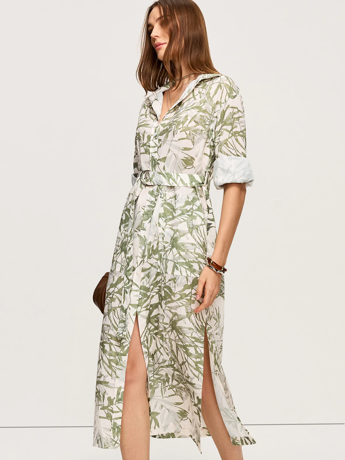 Leaf Printed  Belted Midi Dress with Slits - Wholesalesil
