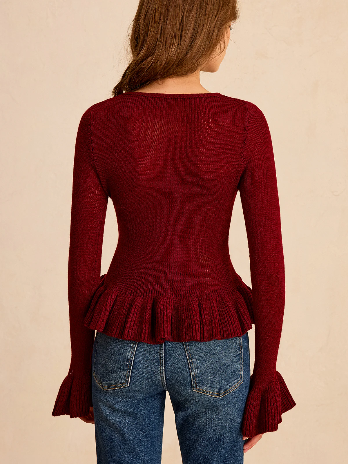Metal Detail Ruffled Hem Knit Top - Wholesalesil