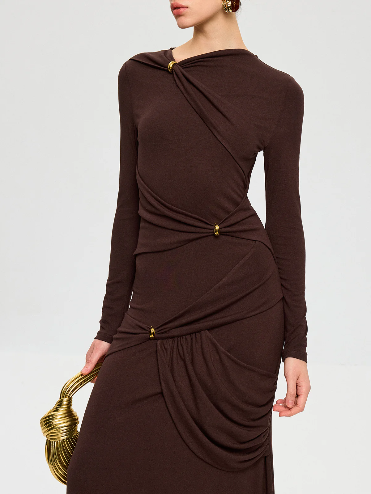 Metal Detail Long Sleeve Draped Maxi Dress - Wholesalesil