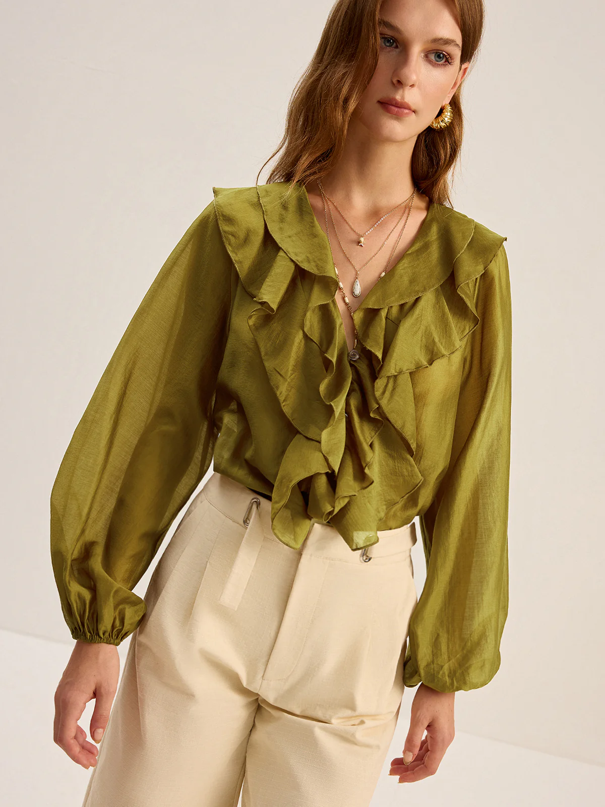 Semi-Sheer Tencel Ruffle Blouse - Wholesalesil