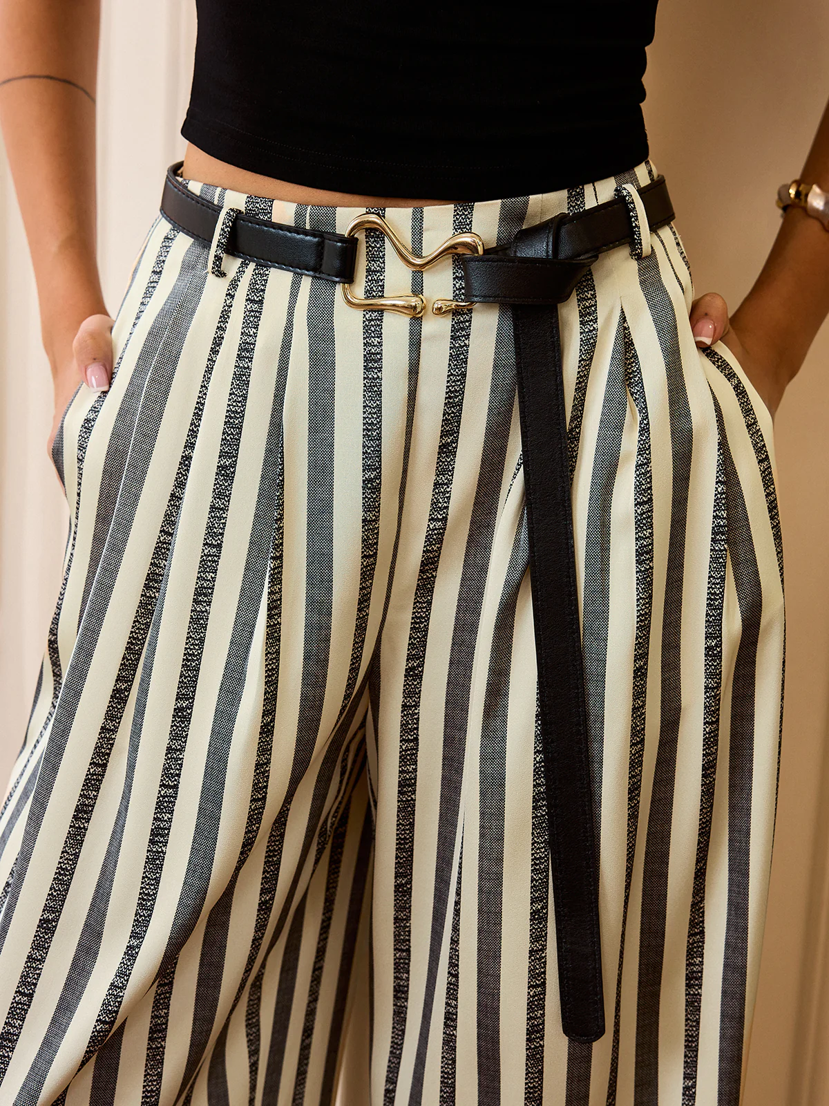 Mid-Waisted Striped Belted Pants - Wholesalesil