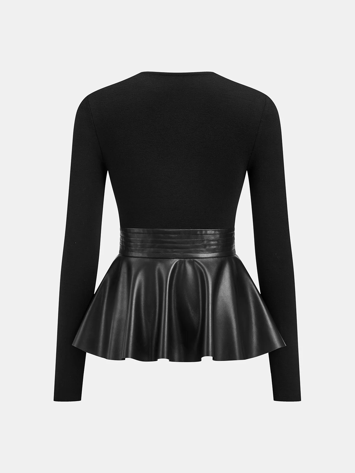 Faux Leather Peplum Long-Sleeve Top - Wholesalesil