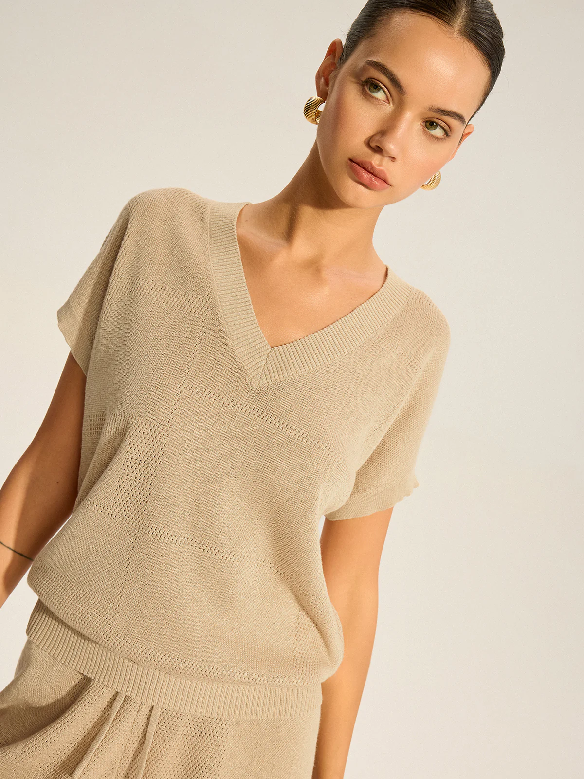 Semi-Sheer V-Neck Top and Drawstring Shorts Set - Wholesalesil