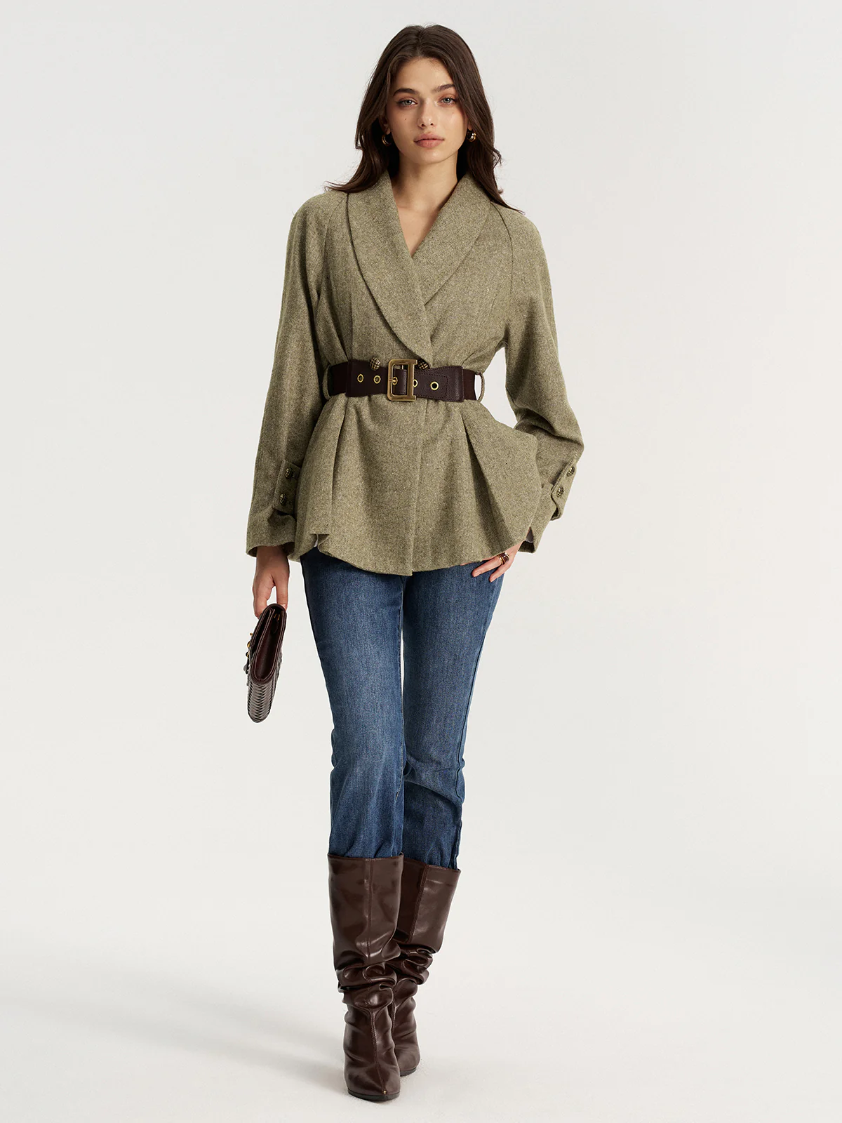 Shawl Collar Wool-Blend Belted Blazer - Wholesalesil