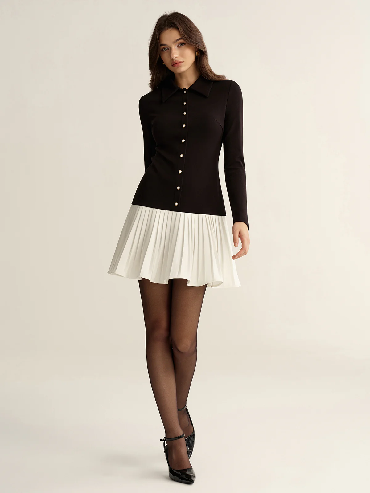 Contrast Pleated Hem Collared Mini Dress - Wholesalesil