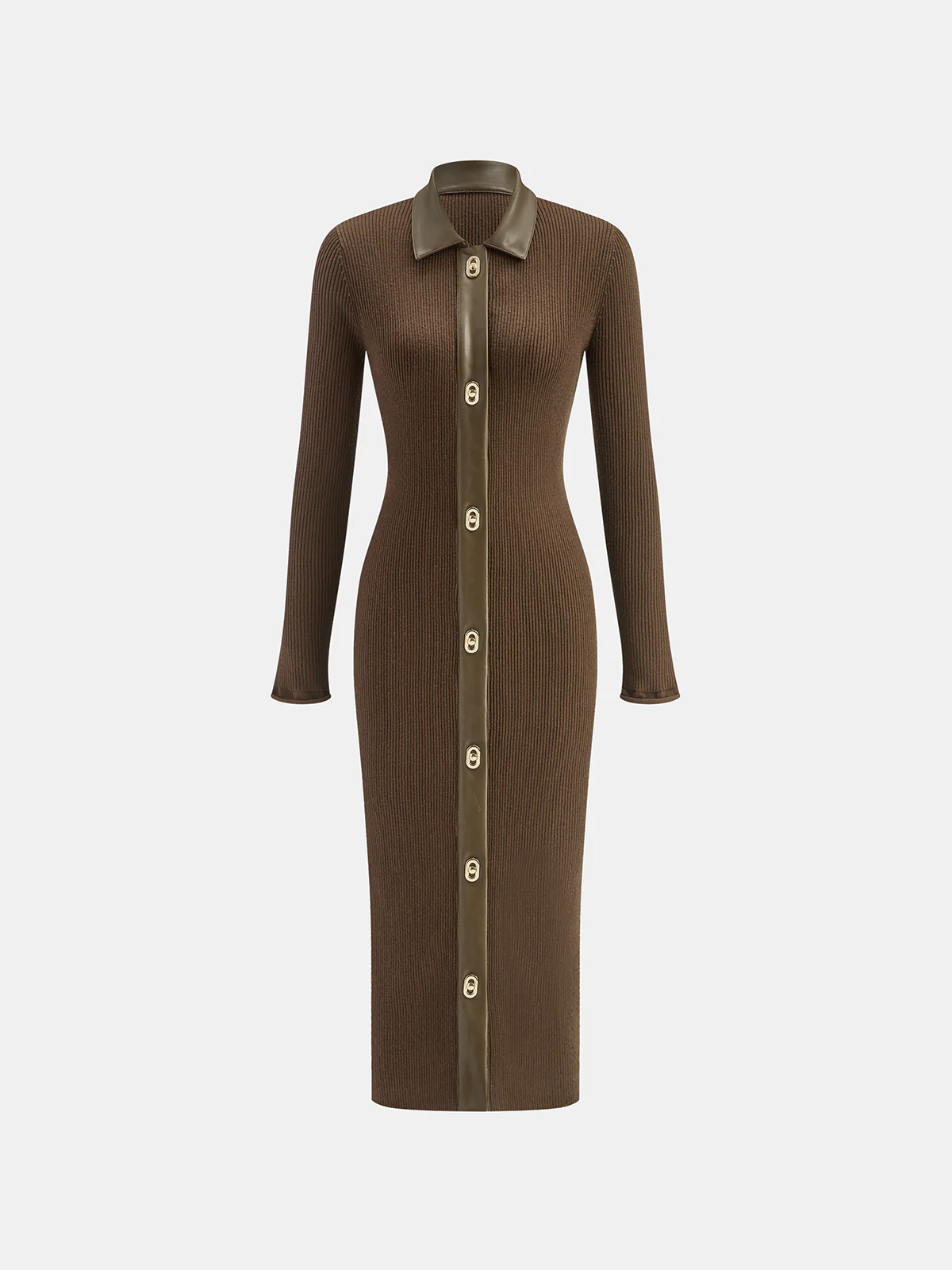 Shirt Collar Faux Leather Panel Ribbed Midi Dress - Wholesalesil