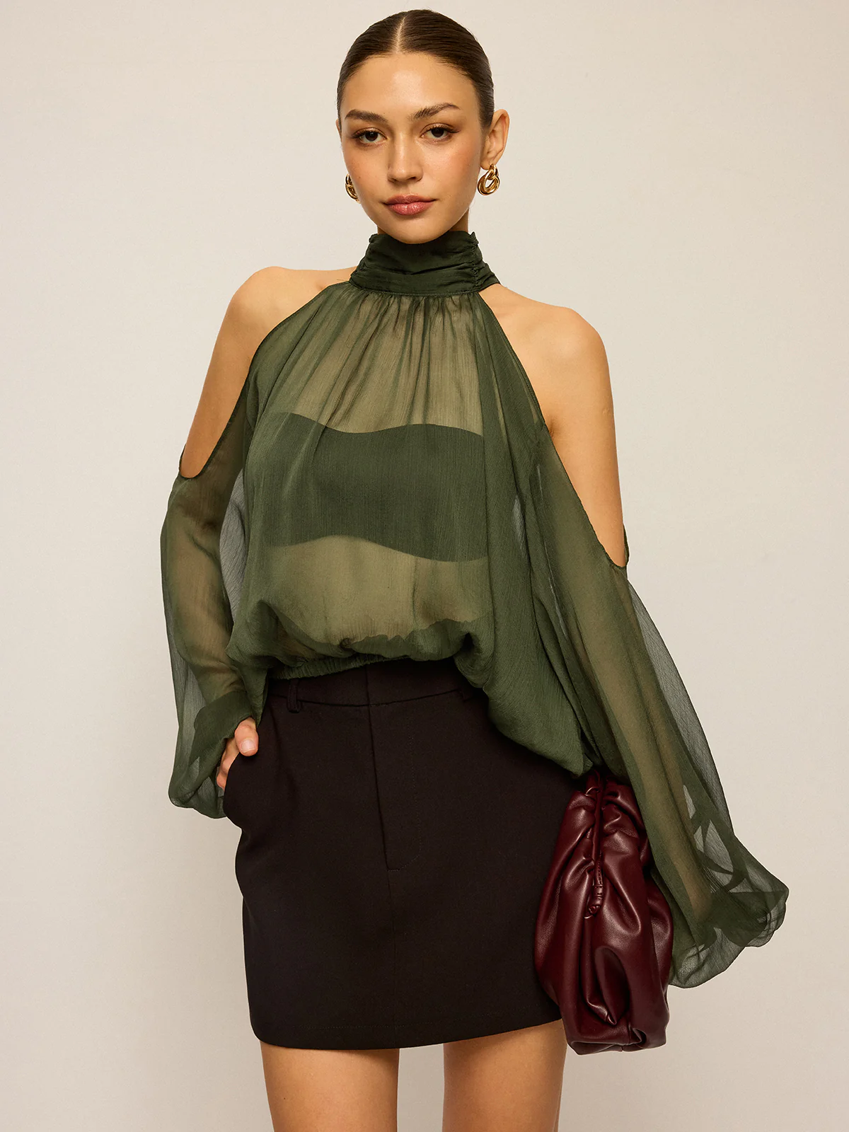 Sheer Halter Neck Cut-Out Sleeve Top with Bow Back - Wholesalesil