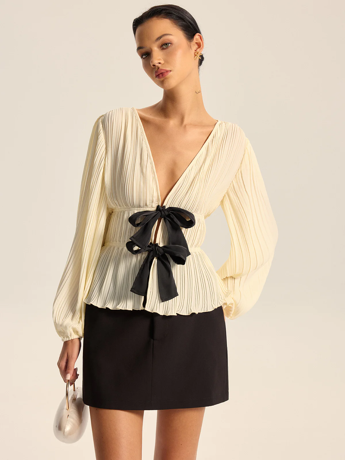 Pleated V-Neck Bow Blouse - Wholesalesil