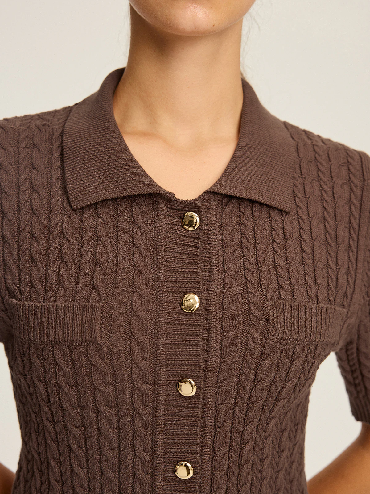 Cable Knit Short-Sleeve Button Top - Wholesalesil