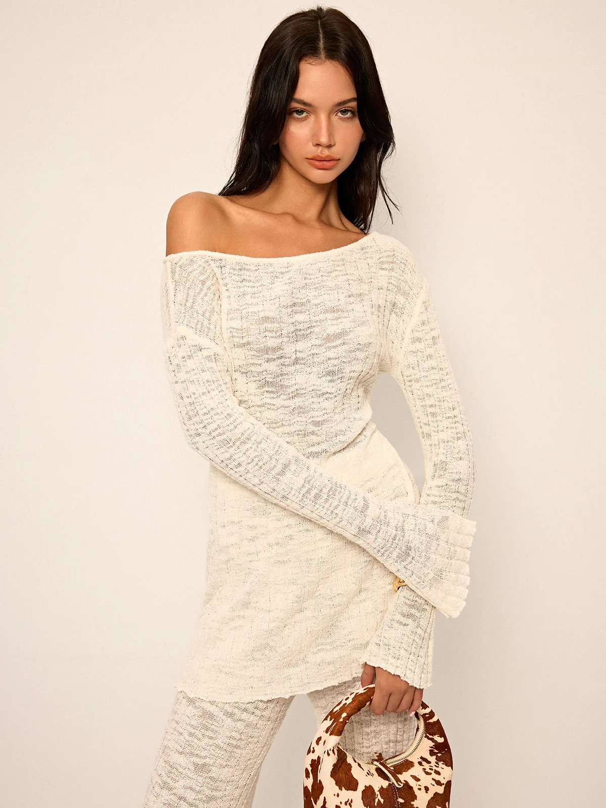 Off-Shoulder Sheer Knit Top and Flared Pants Set - Wholesalesil