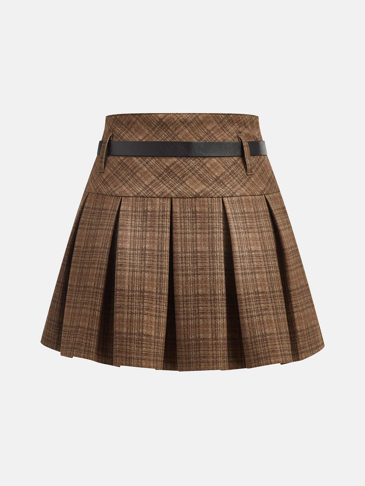 Belted Pleated Plaid Mini Skirt - Wholesalesil
