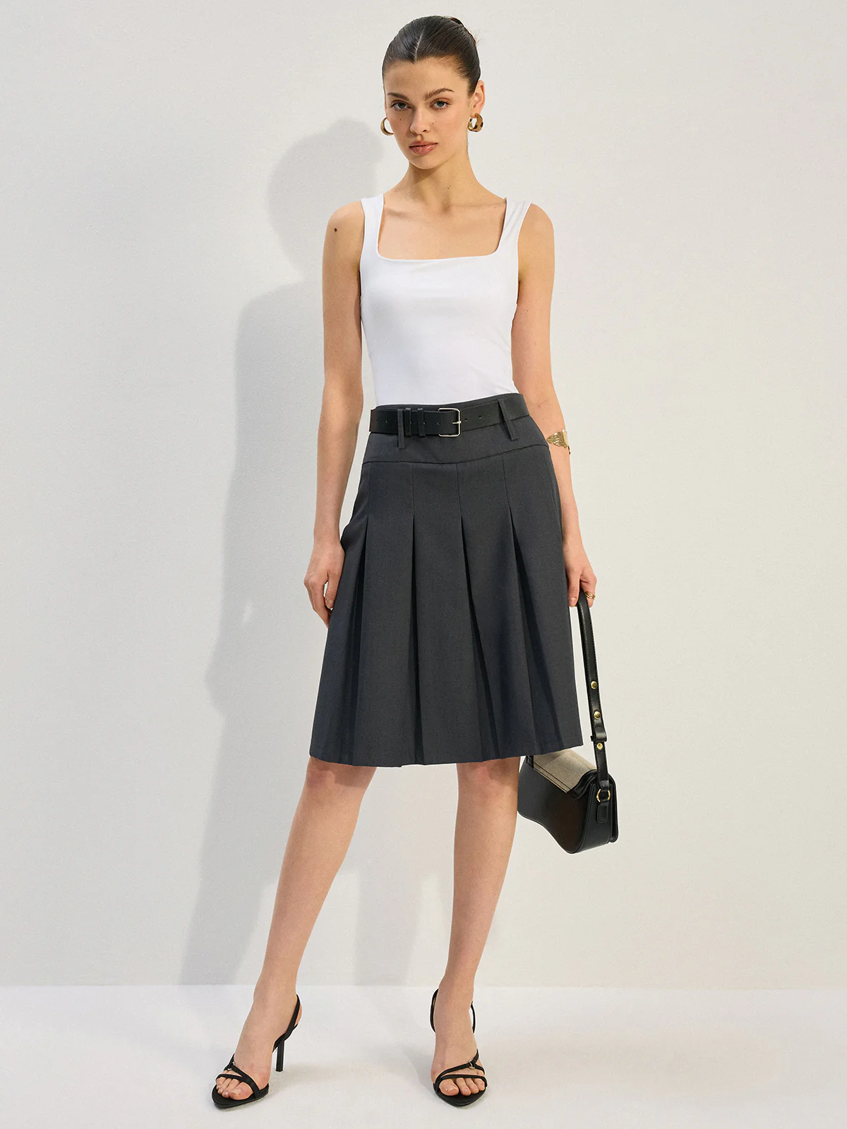 Belted Pleated Skirt - Wholesalesil