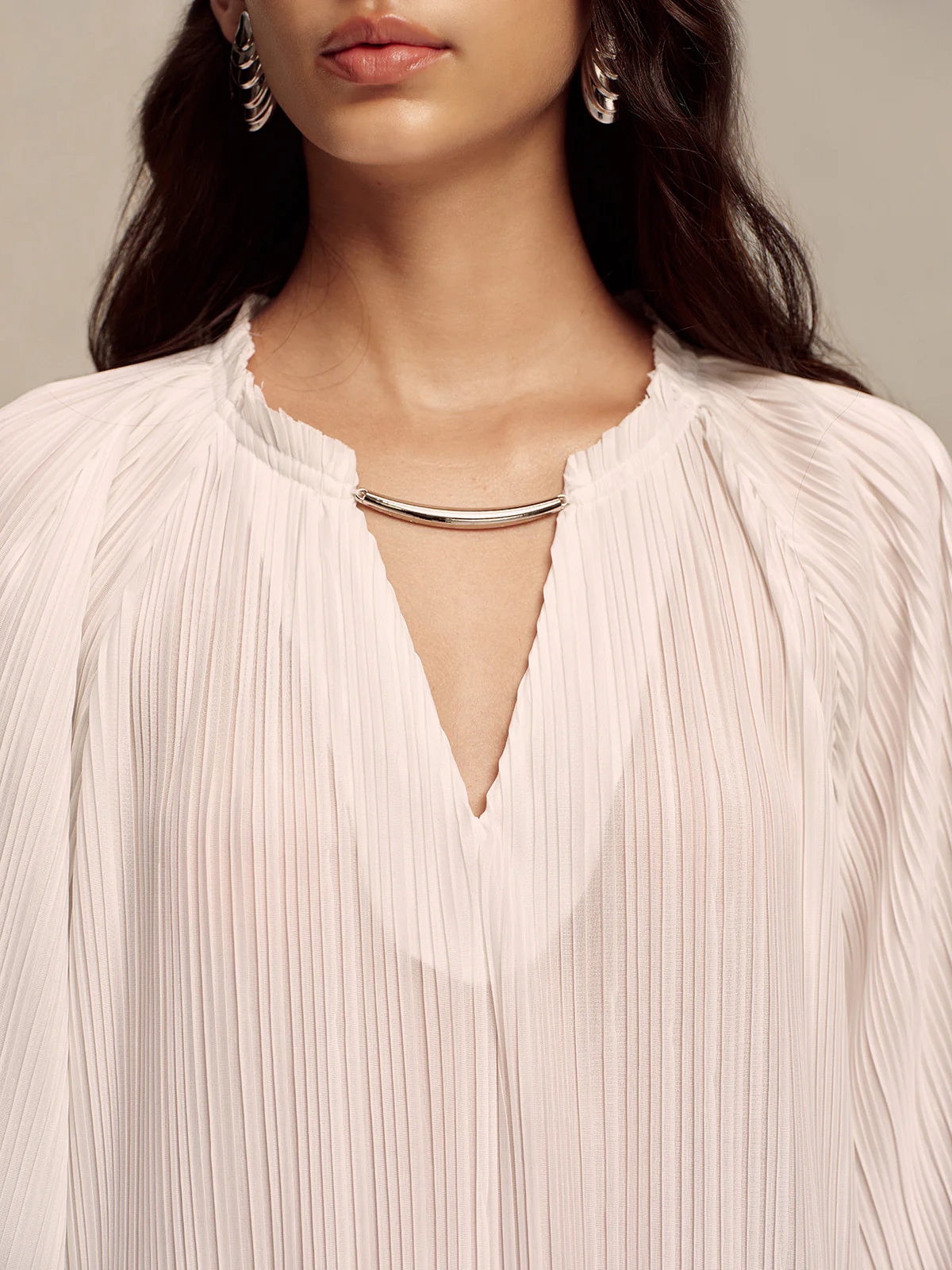 Metal Collar Pleated Long-Sleeve Maxi Dress - Wholesalesil