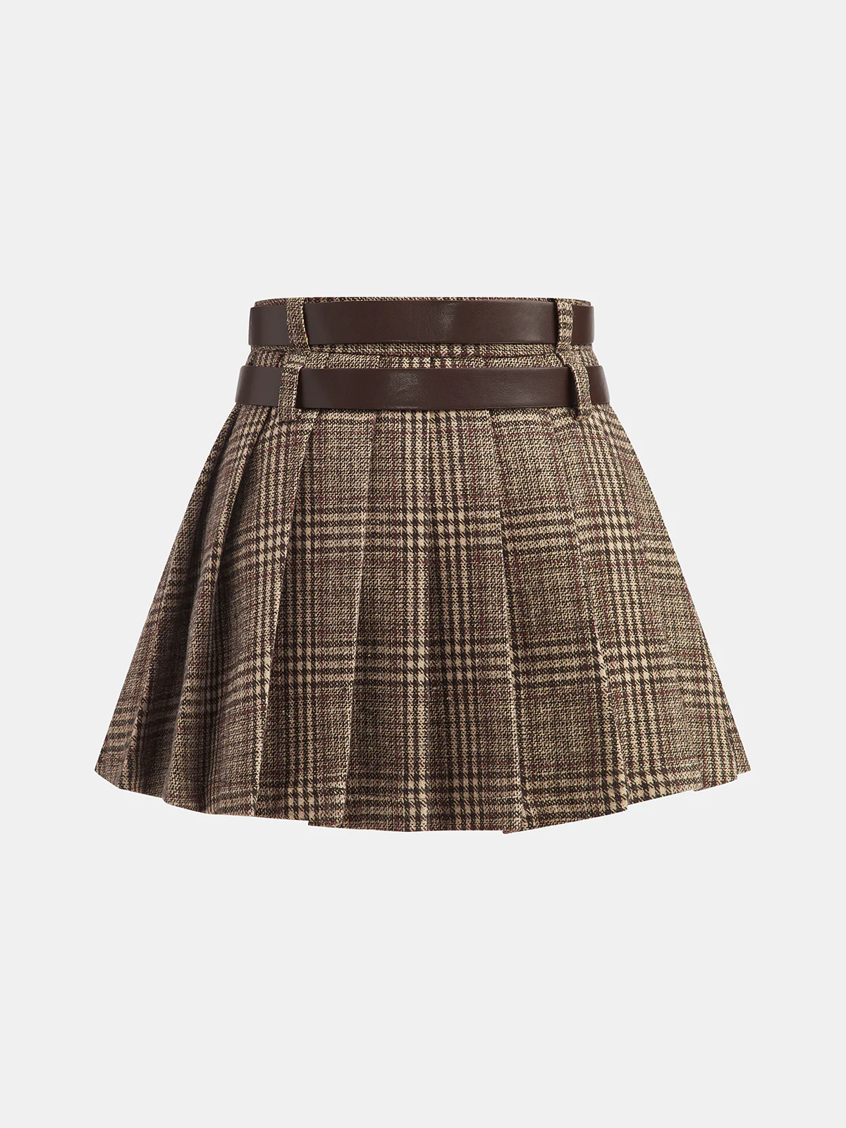 Double Belt Plaid Pleated Mini Skirt - Wholesalesil