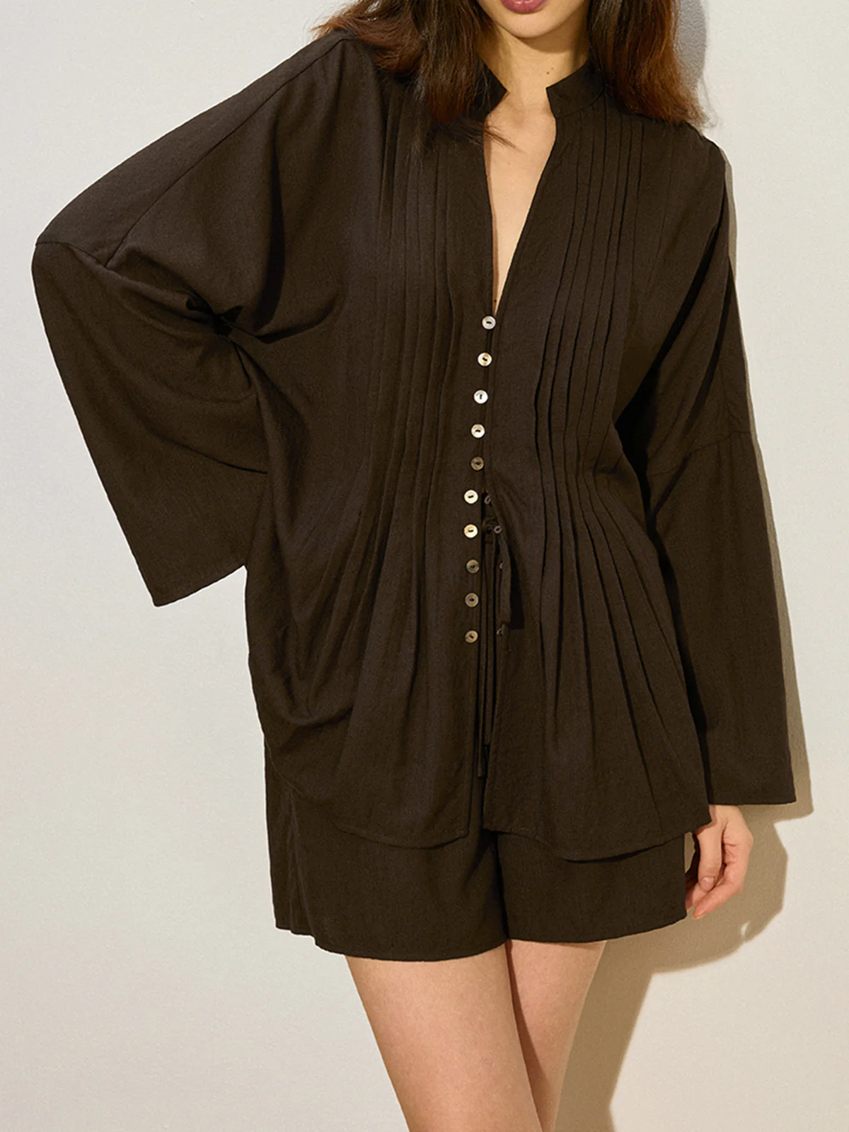 Pleated Button-Front Shorts Set - Wholesalesil