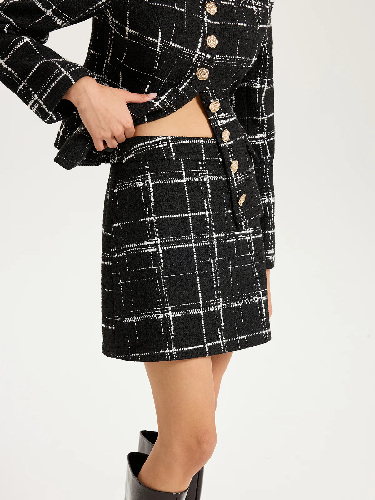 Tweed Plaid A-Line Mini Skirt - Wholesalesil