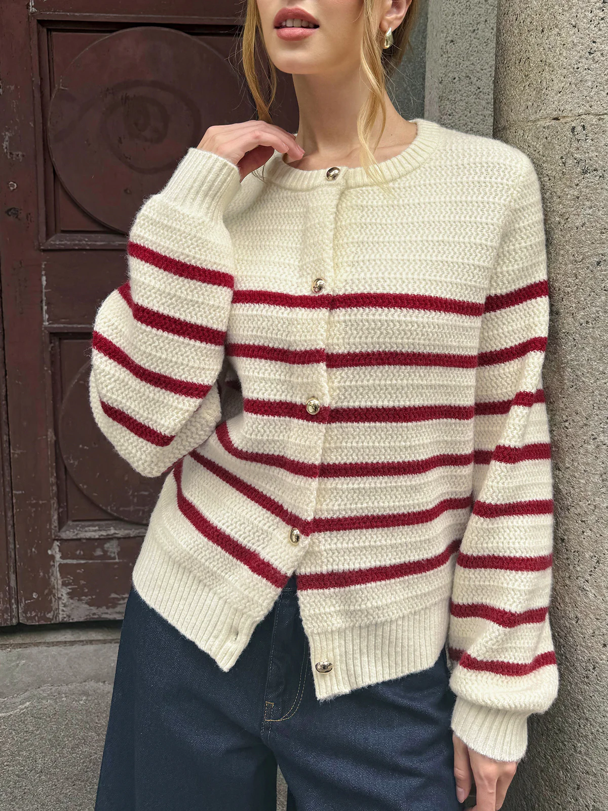 Striped Metal Button Cardigan - Wholesalesil