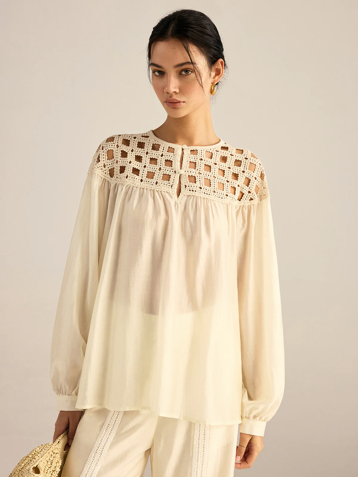Semi-Sheer Crochet Tencel Blouse - Wholesalesil