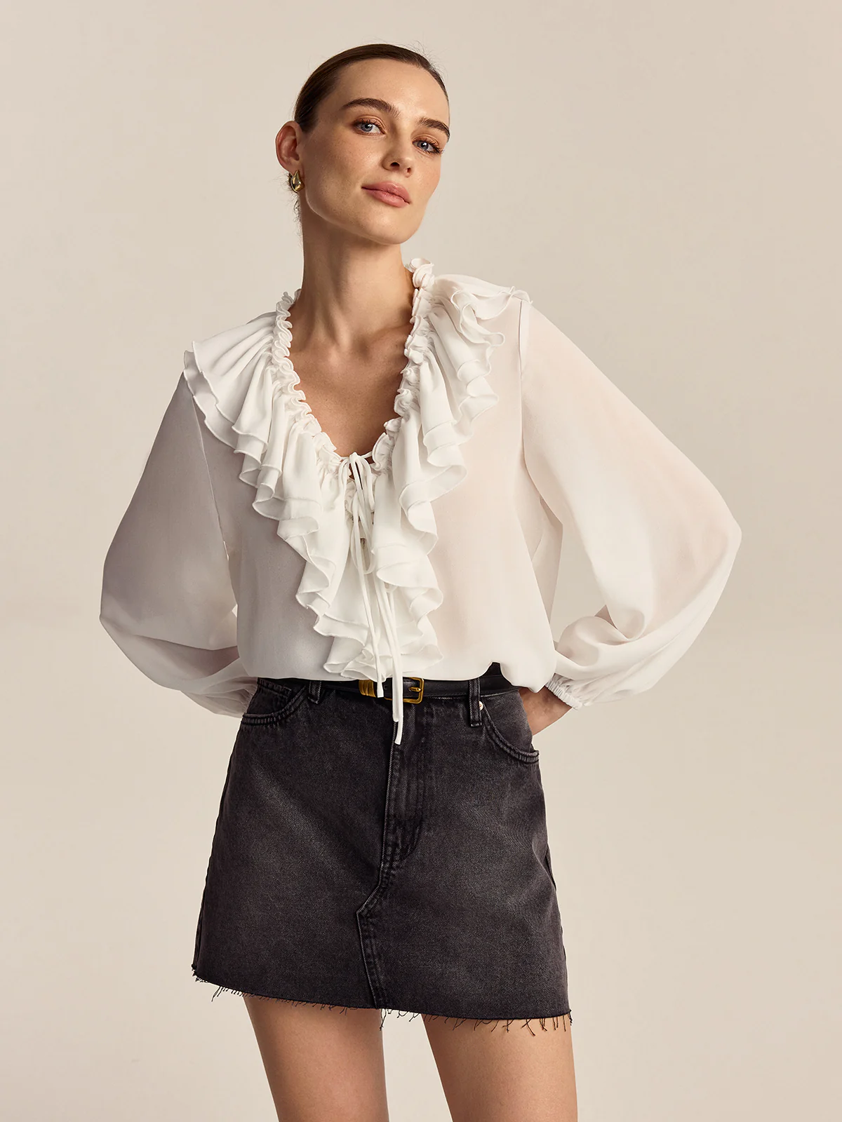Ruffled V-Neck Chiffon Blouse - Wholesalesil