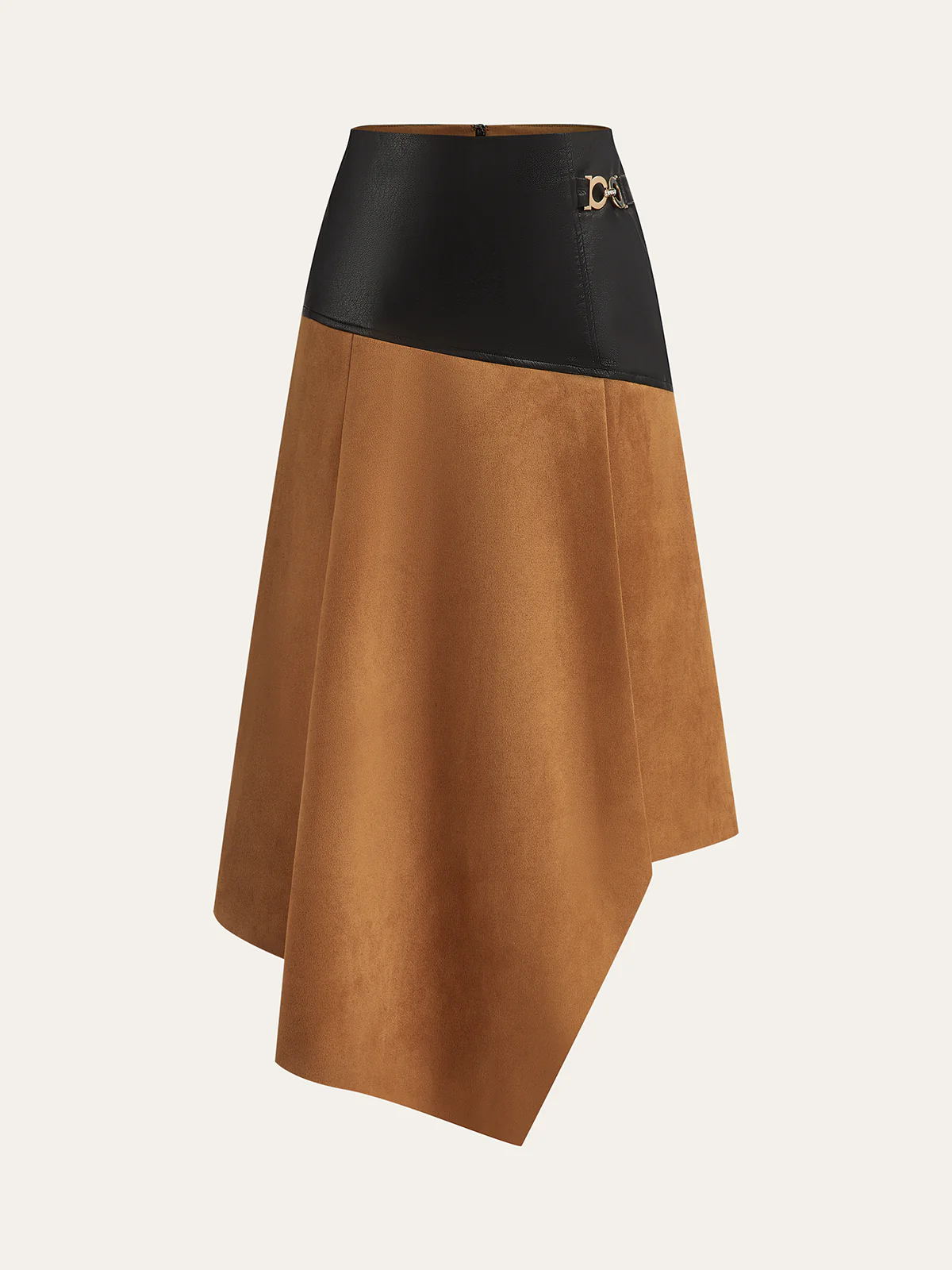 Faux Leather Paneled Suede Effect Asymmetric Midi Skirt - Wholesalesil
