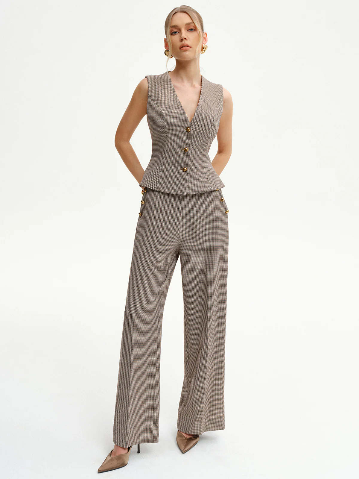 Houndstooth V-Neck Button Vest - Wholesalesil