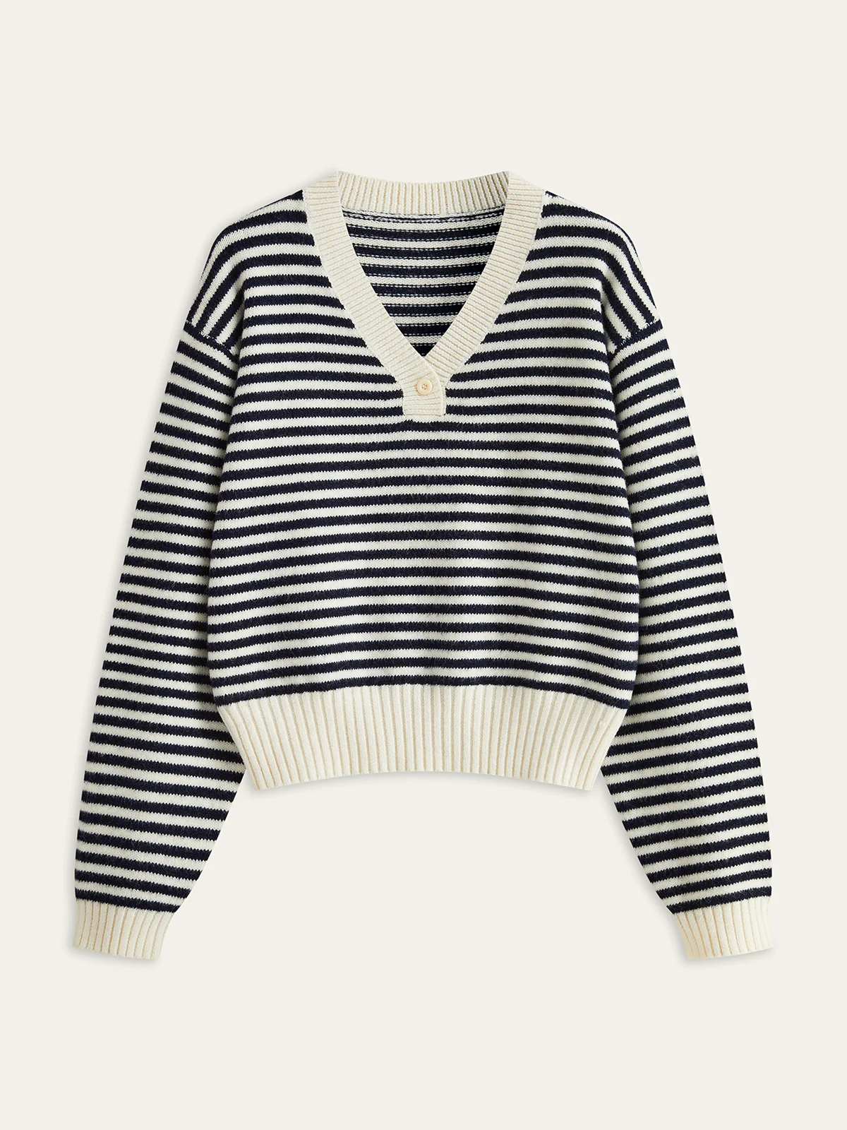 Striped V-Neck Buttoned Wool Blend Sweater - Wholesalesil