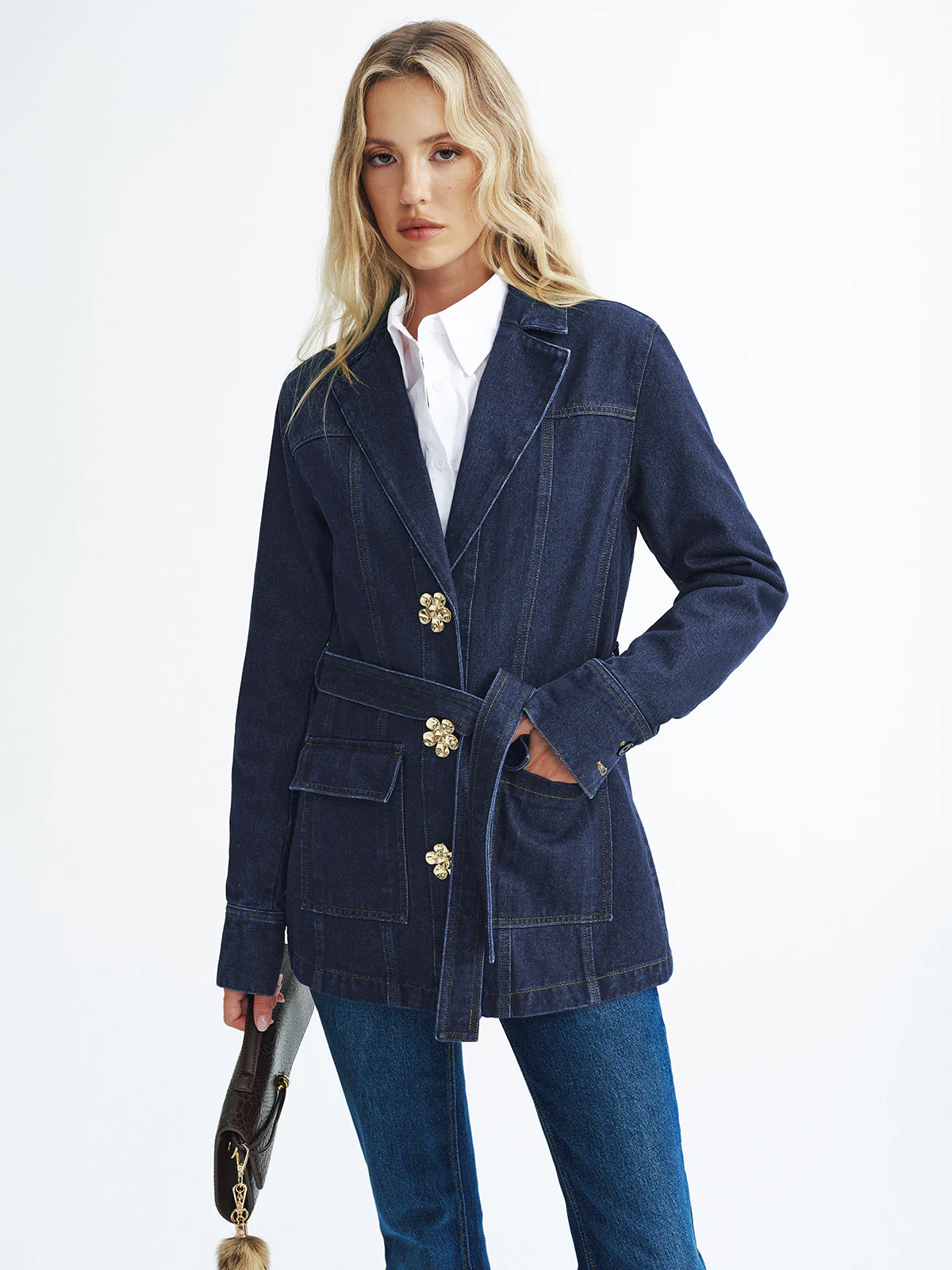 Metal Floral Denim Belted Jacket - Wholesalesil