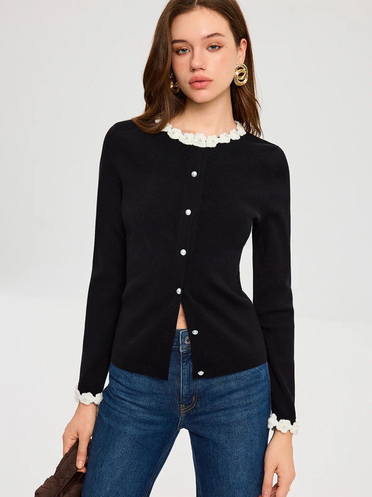 3D Floral Trim Pearl Button Cardigan - Wholesalesil