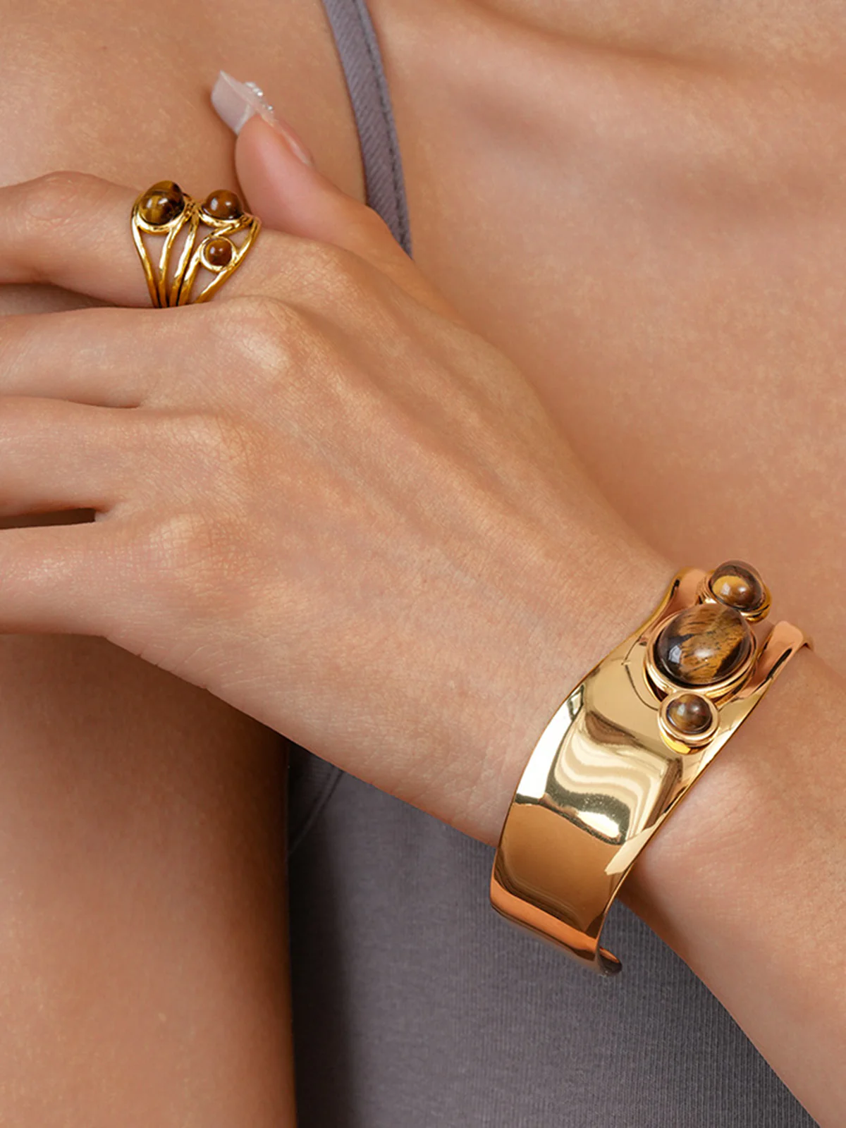 Tiger Eye Stone Titanium Steel Ring - Wholesalesil