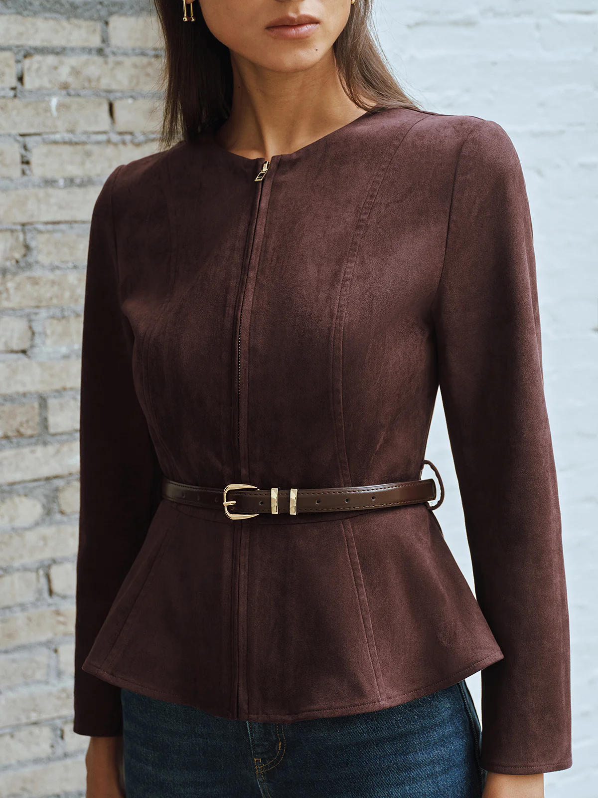 Belted Suede Effect Zipper Jacket - Wholesalesil