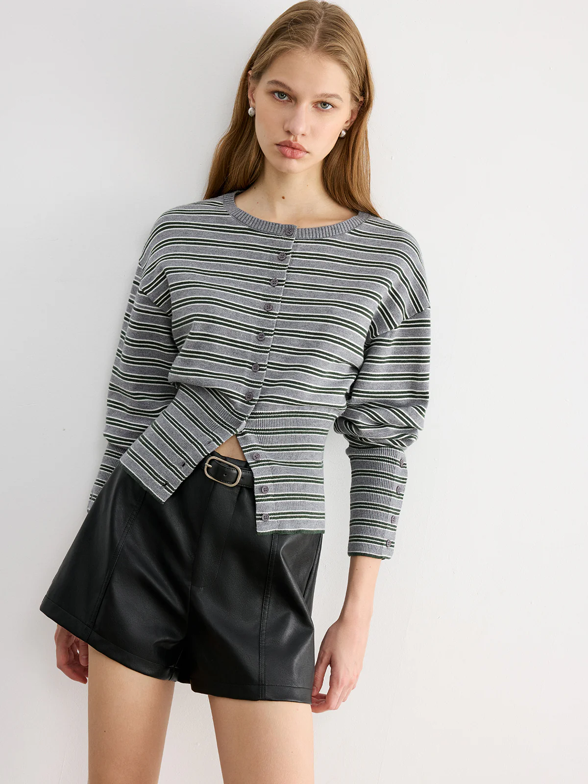 Waist Cinched Stripe Cardigan - Wholesalesil