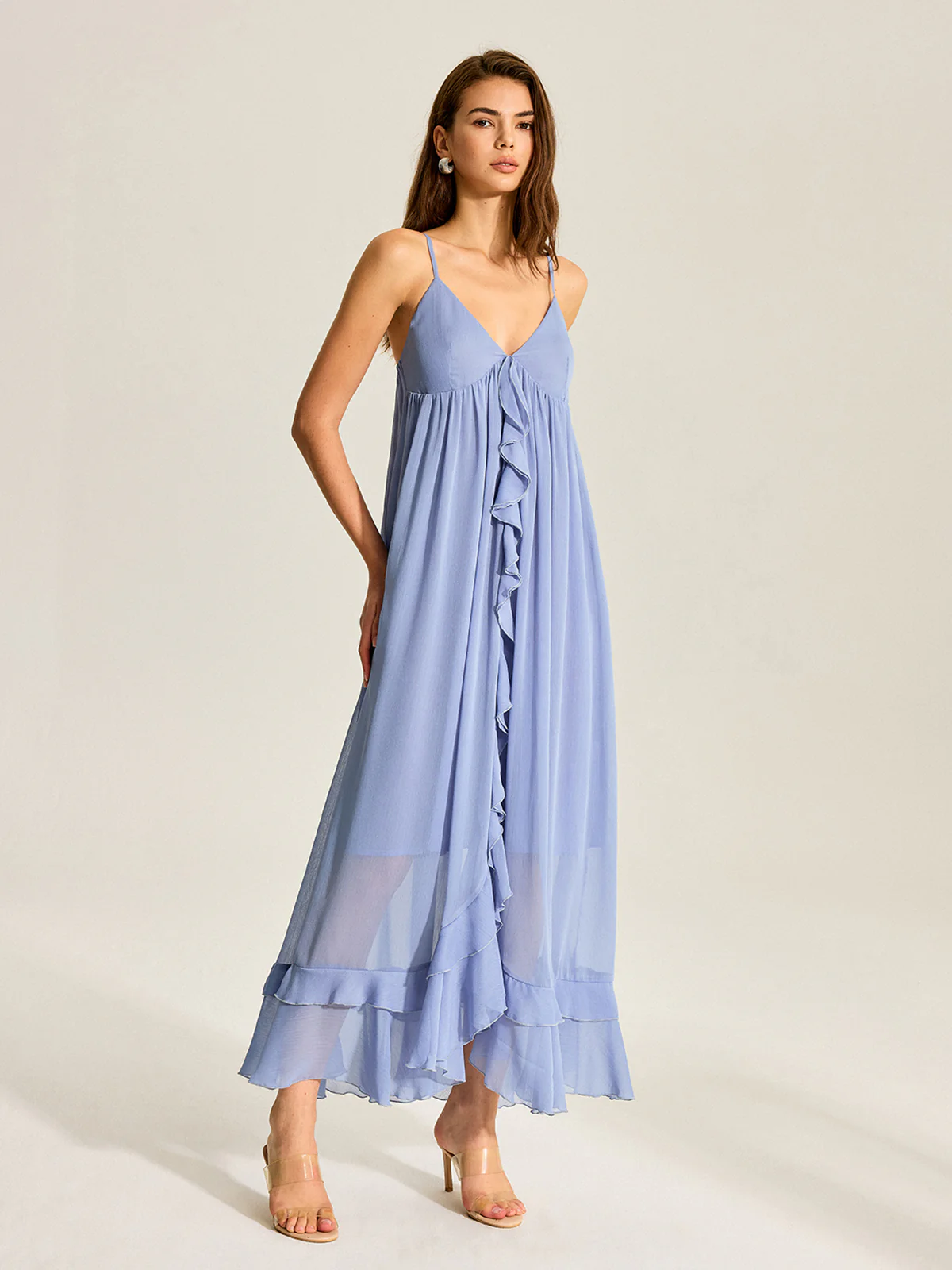 Semi-Sheer Cape Two-Piece Ruffled Chiffon Dress - Wholesalesil