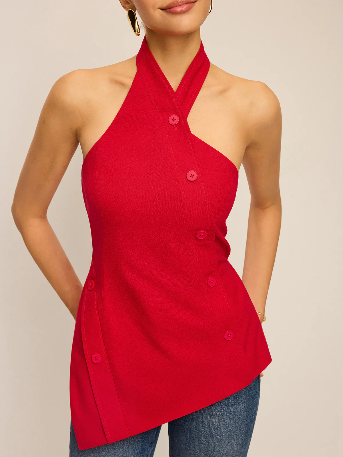 Asymmetric Halter Neck Button Top - Wholesalesil