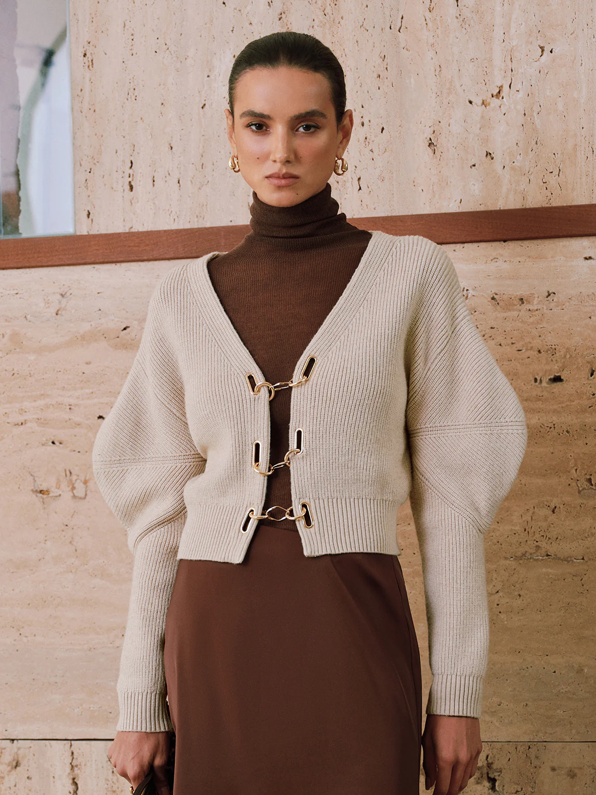 Puff Sleeve Chain Closure Knit Cardigan - Wholesalesil