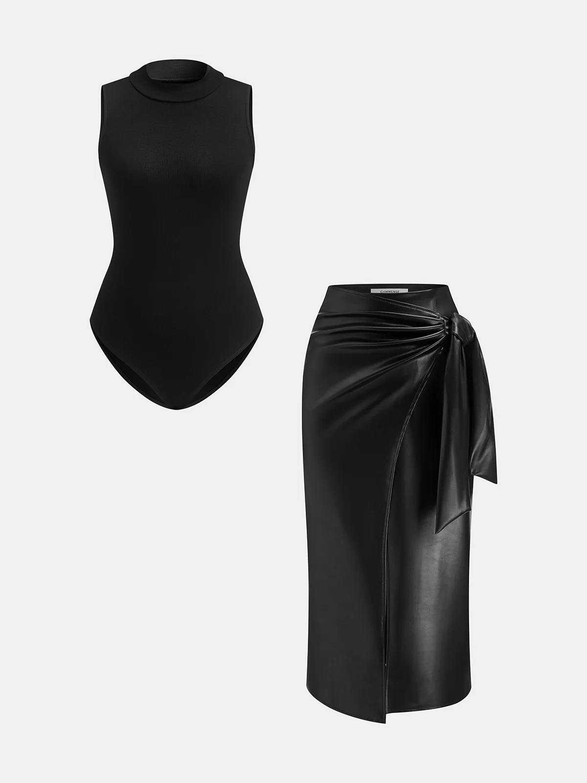 Sleeveless Bodysuit and Faux Leather Skirt Set - Wholesalesil