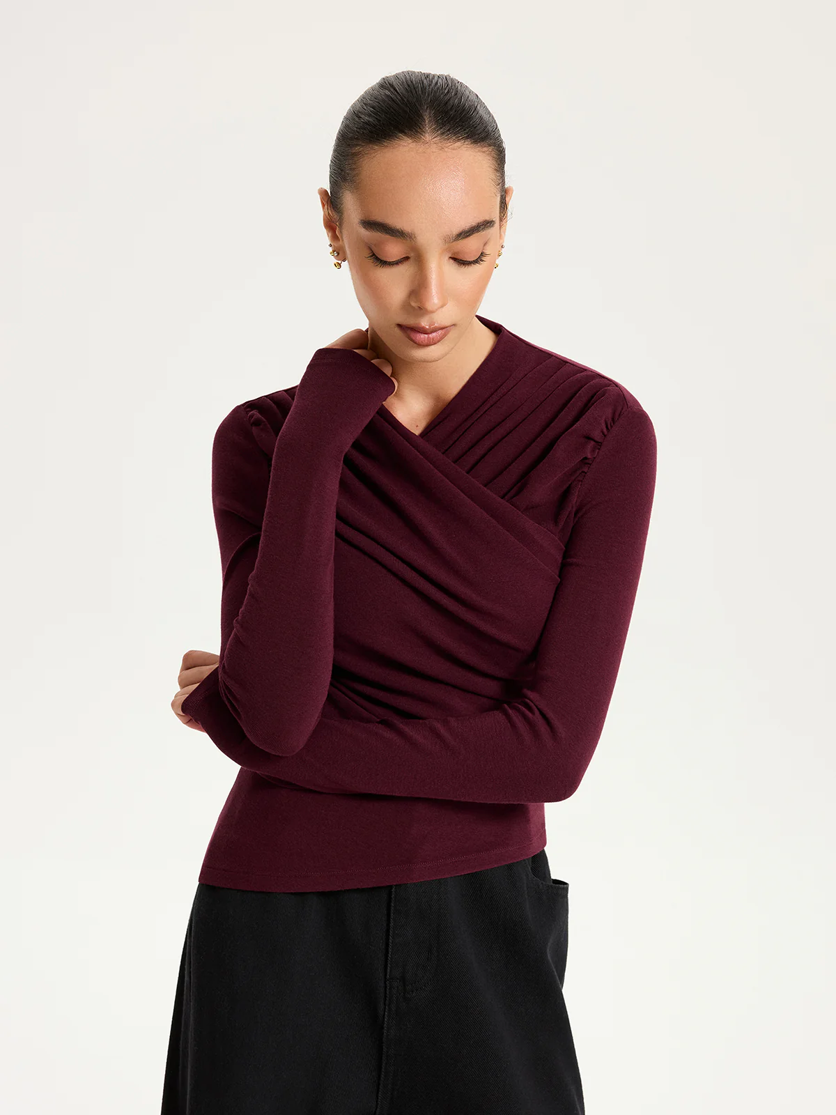 Cross Ruched Long Sleeve Top - Wholesalesil