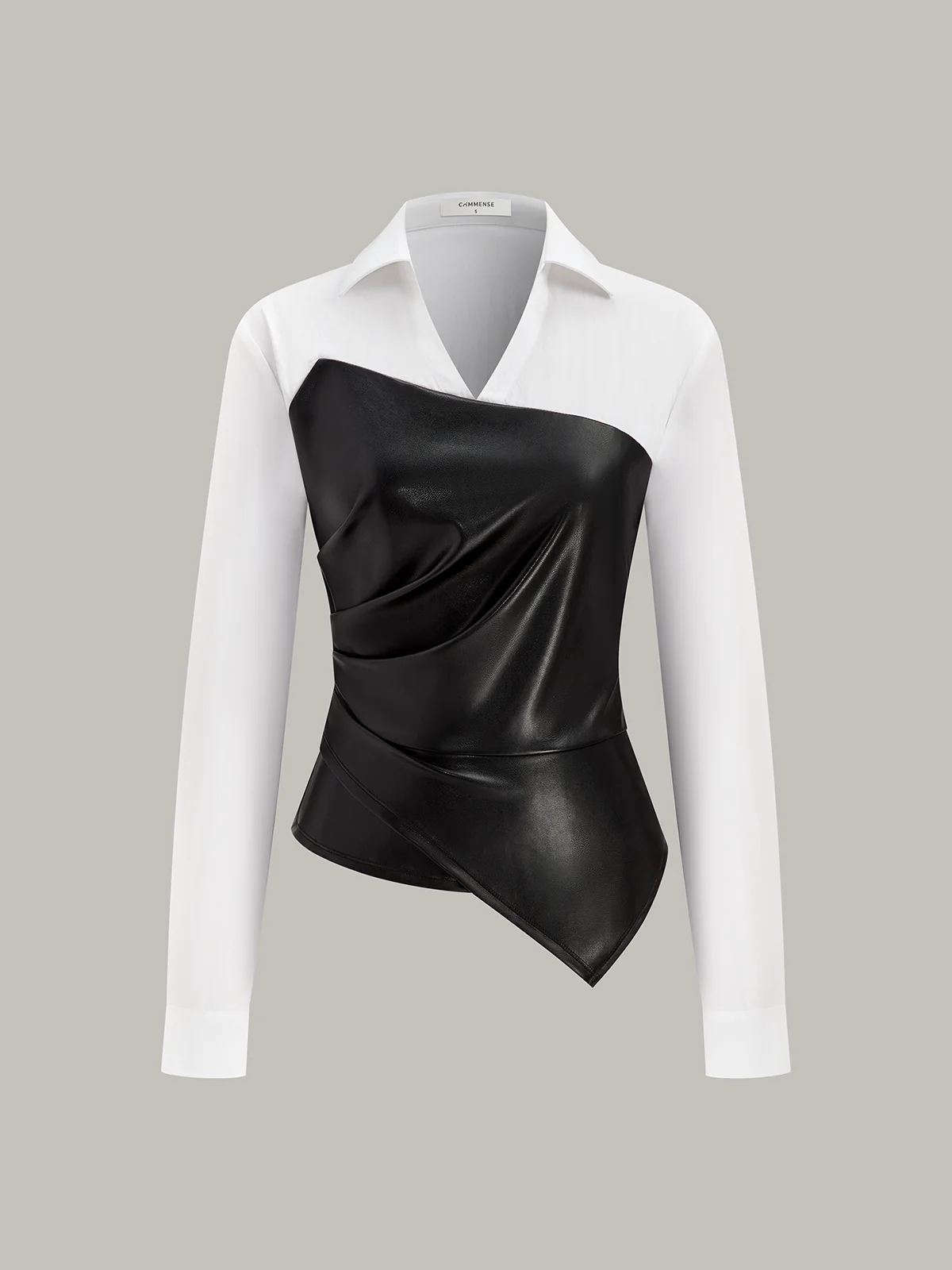 Asymmetric PU Leather Panel Blouse - Wholesalesil
