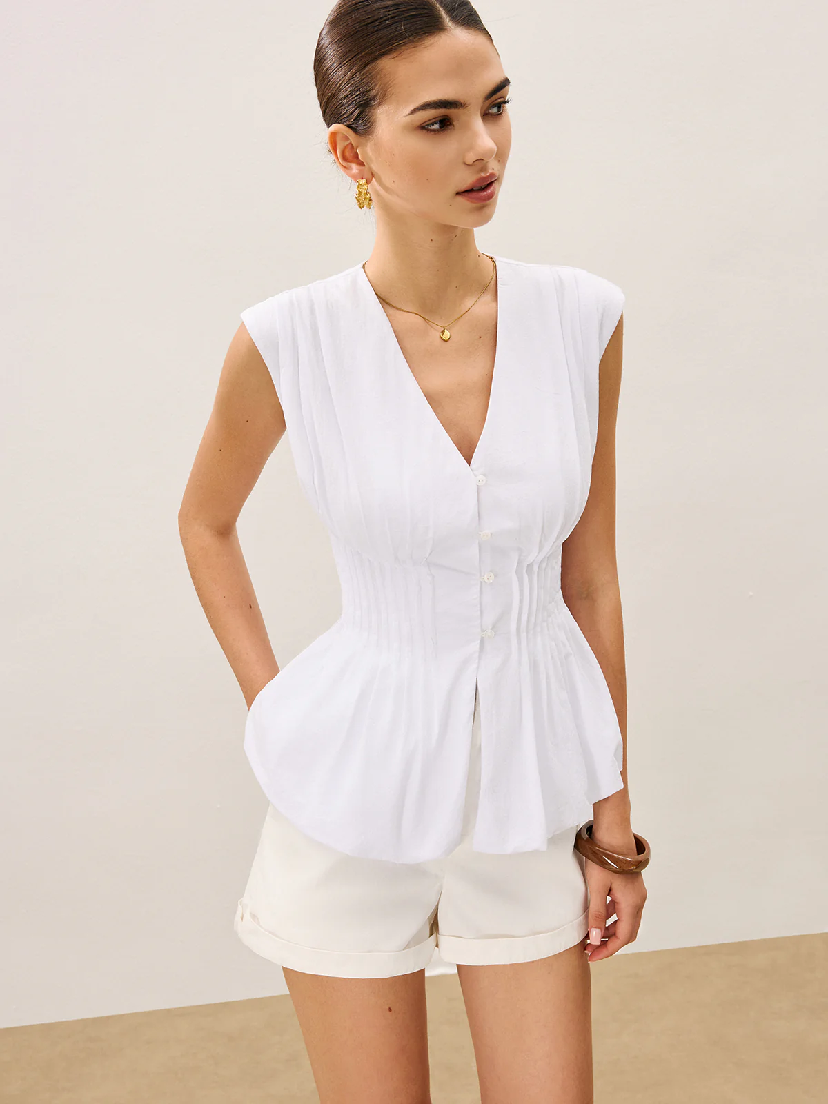 Pleated Peplum V-Neck Blouse - Wholesalesil