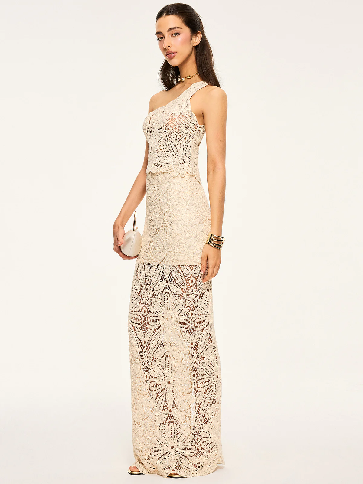 One-Shoulder Crochet Crop Top and Maxi Skirt Set - Wholesalesil