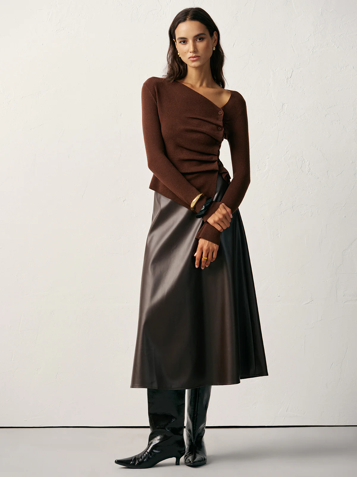 Wool Blend Asymmetric Ruched Side-Button Cardigan - Wholesalesil