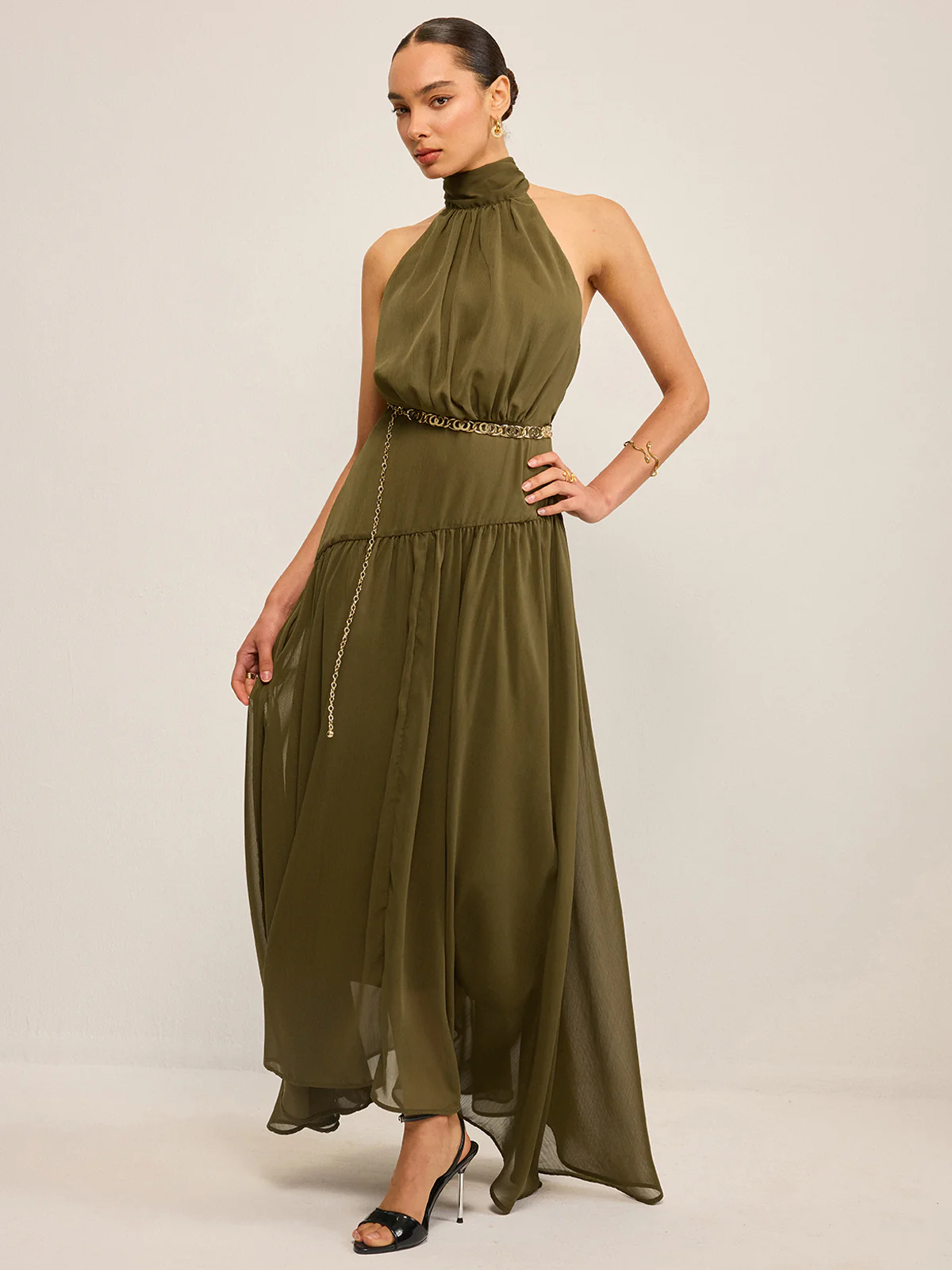 Semi-Sheer Halter Neck Chiffon Maxi Dress with Back Bow - Wholesalesil
