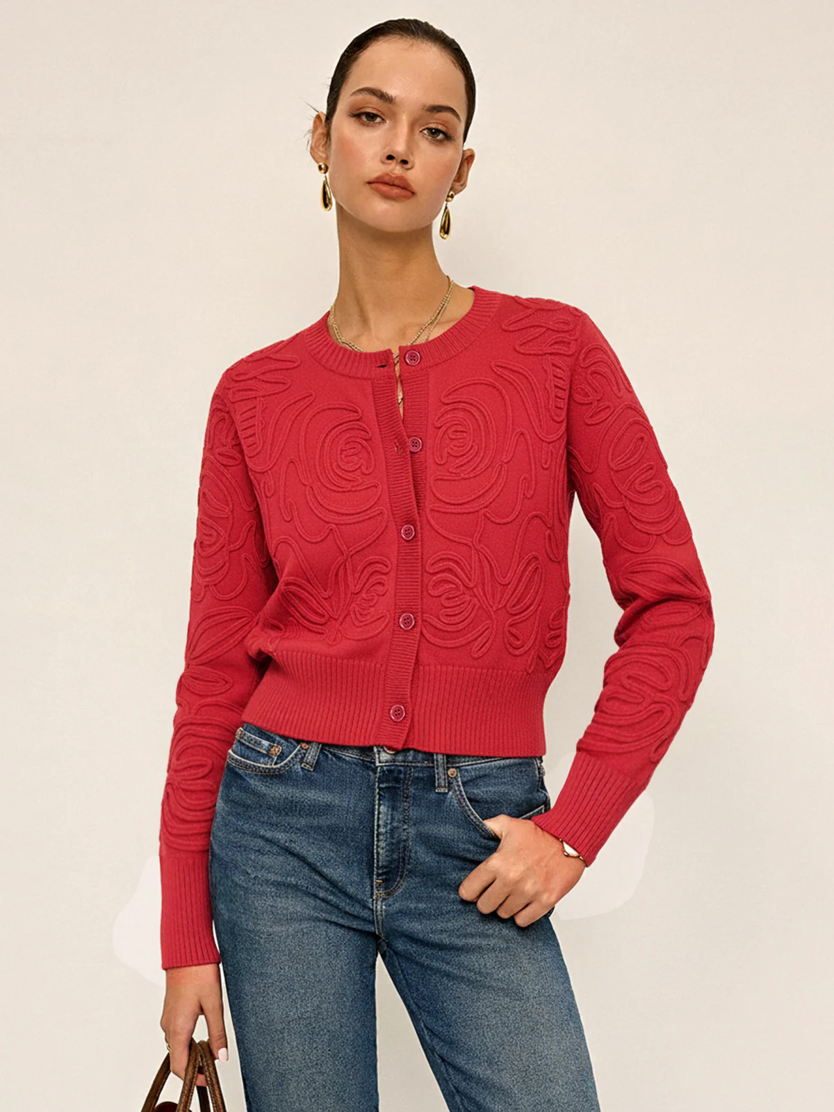 Embroidered Crew Neck Knit Top - Wholesalesil