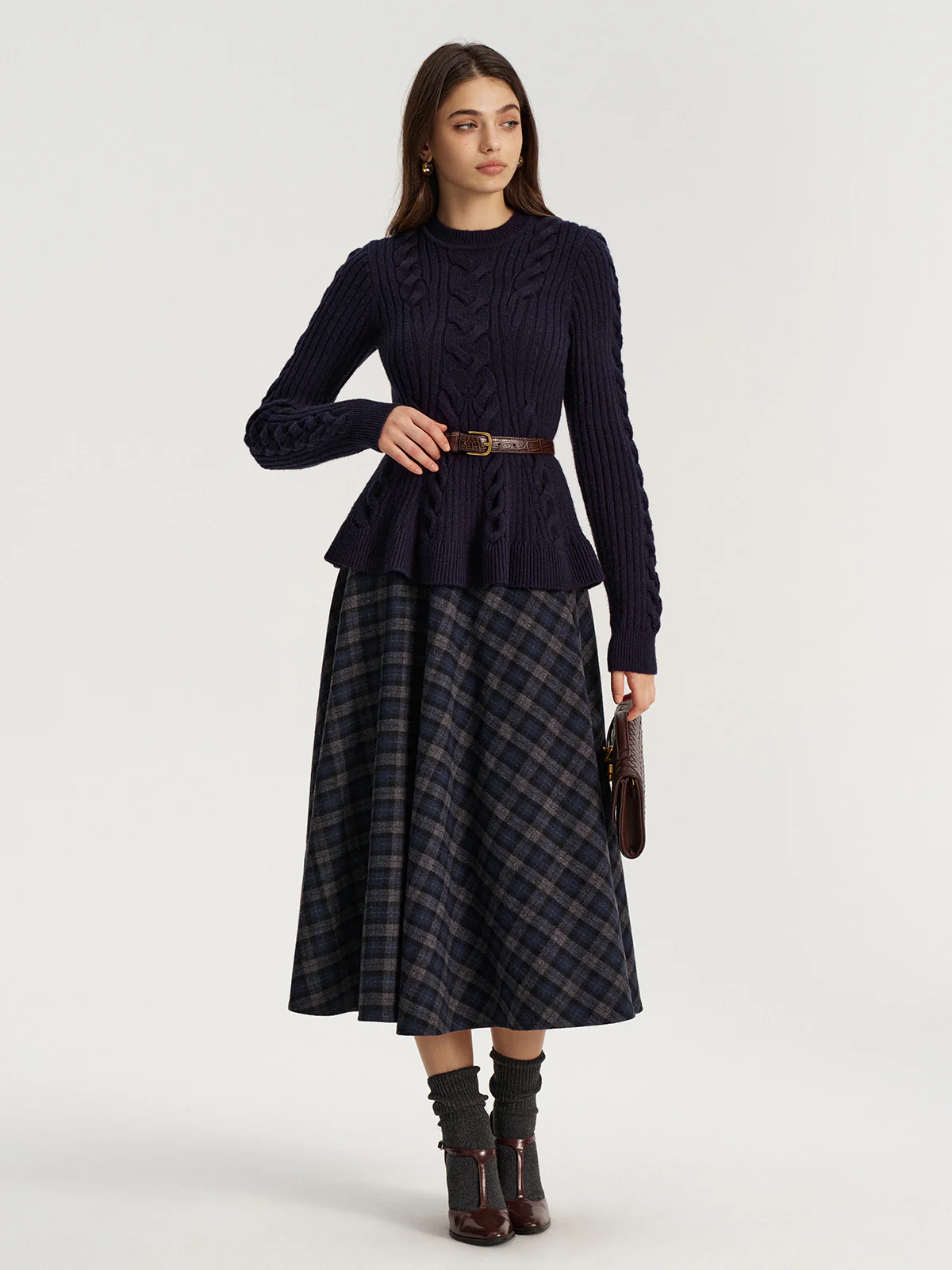 Plaid Tweed Midi Skirt - Wholesalesil
