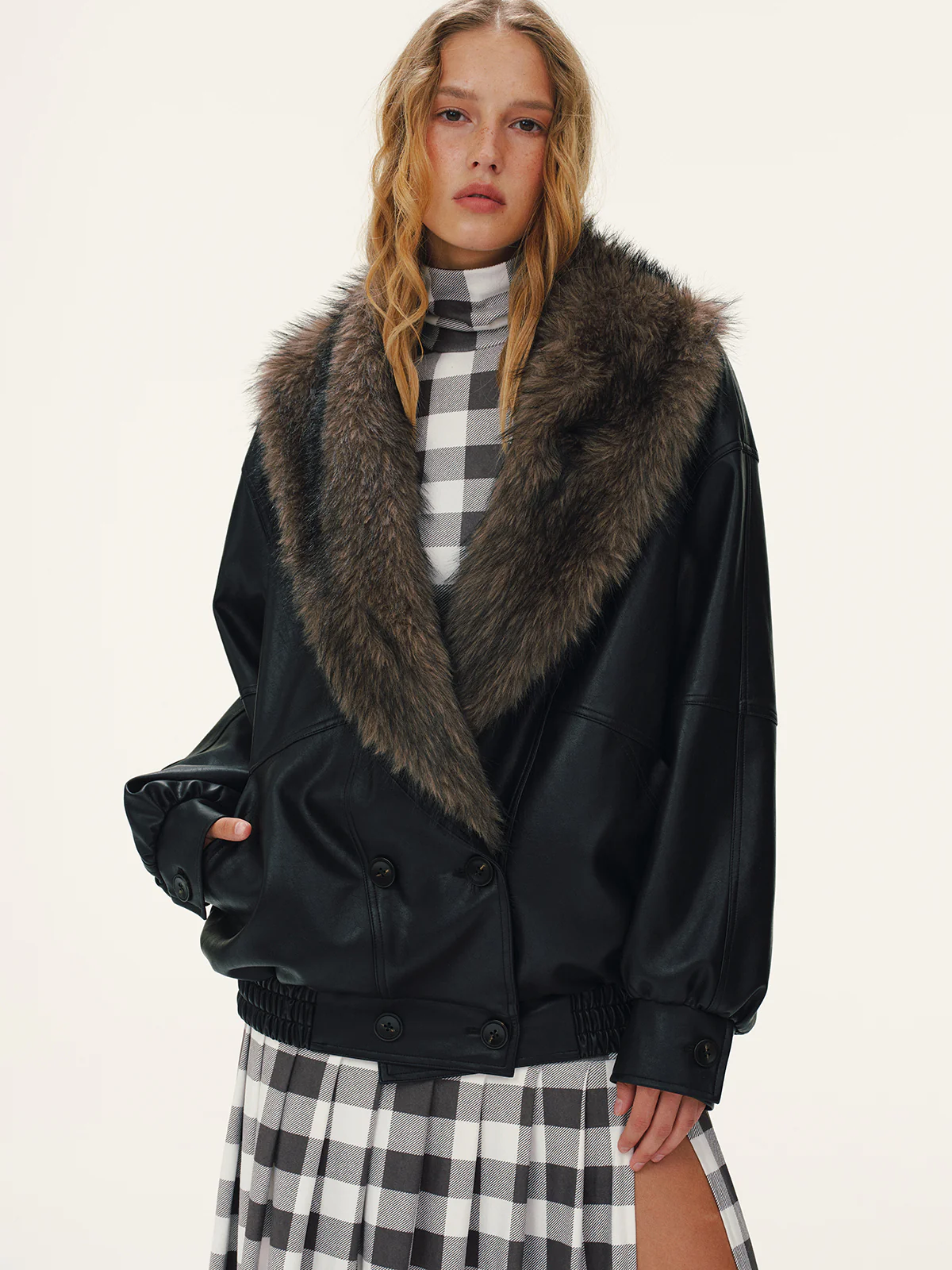 Detachable Faux Fur Collar Faux Leather Jacket - Wholesalesil