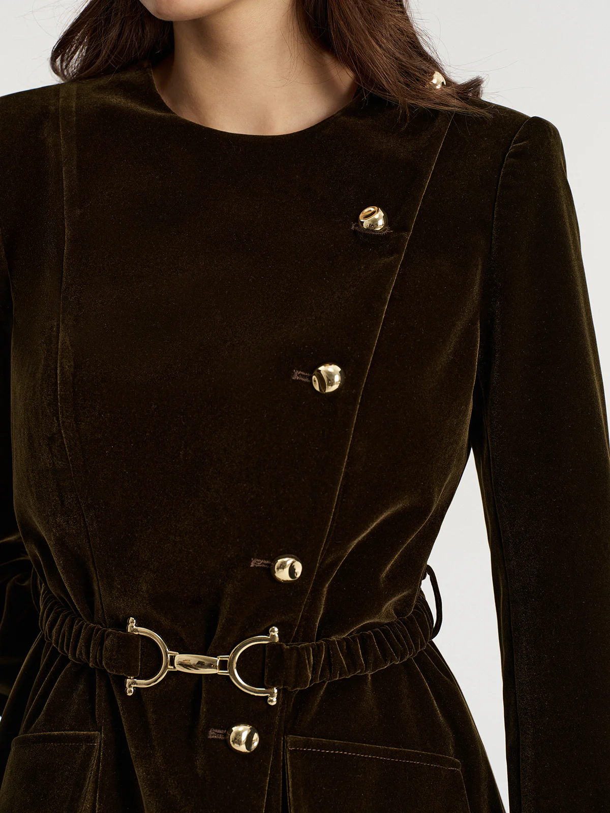 Belted Asymmetric Button Velvet Long Blazer - Wholesalesil