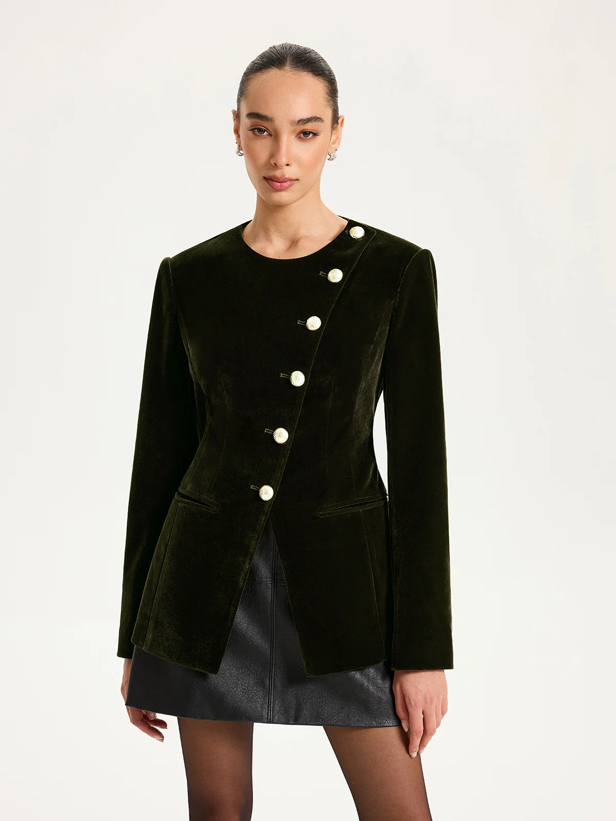 Velvet Button-Front Asymmetric Blazer - Wholesalesil